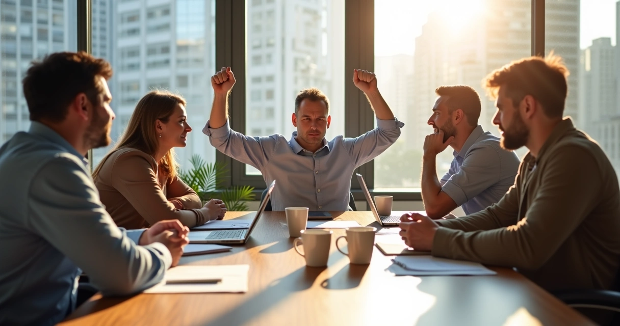 Team meeting with individuals showing disagreement and confusion 