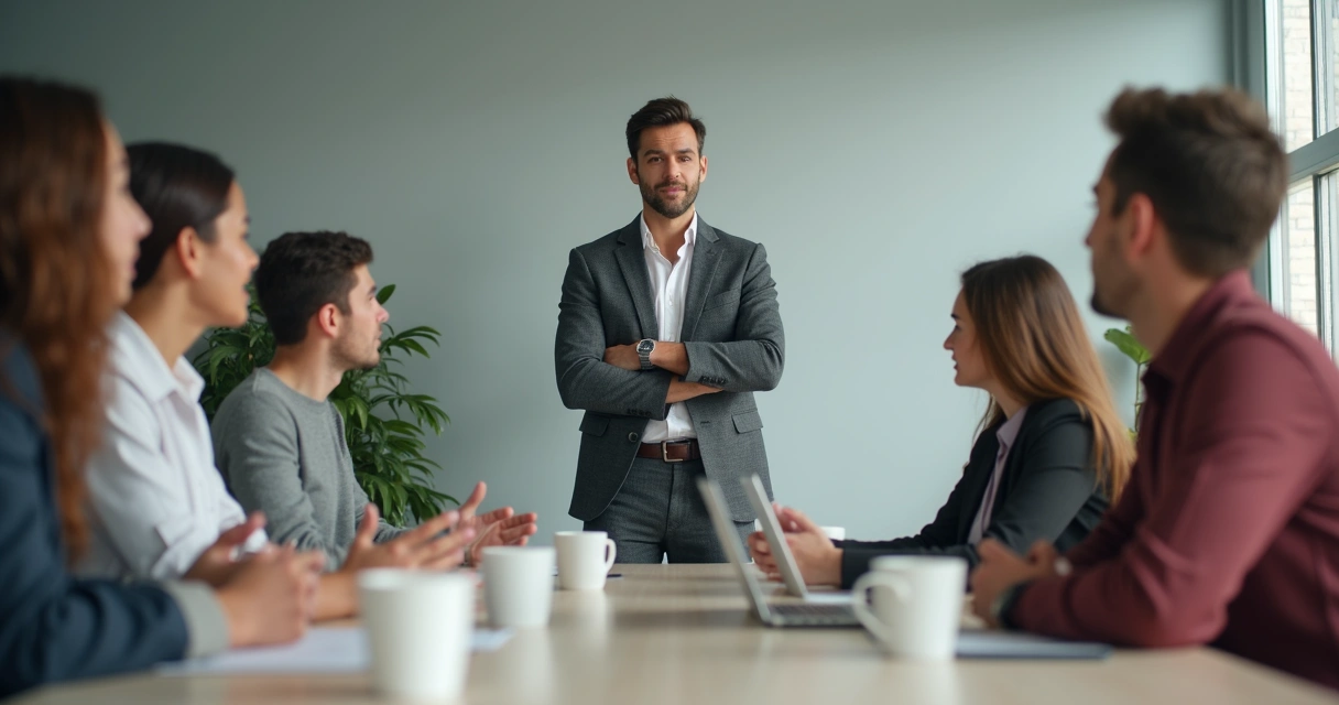 Team gathered in an office discussing organizational change; some look anxious, one leader stands calmly among the group 