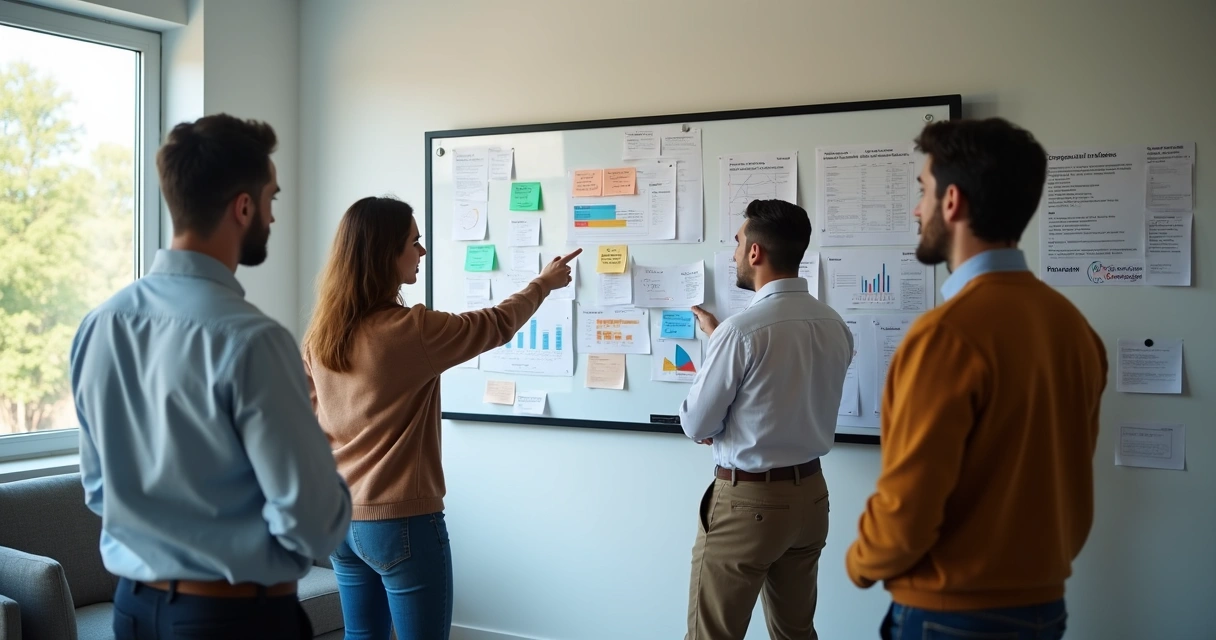 Small team discussing notes on a wall
