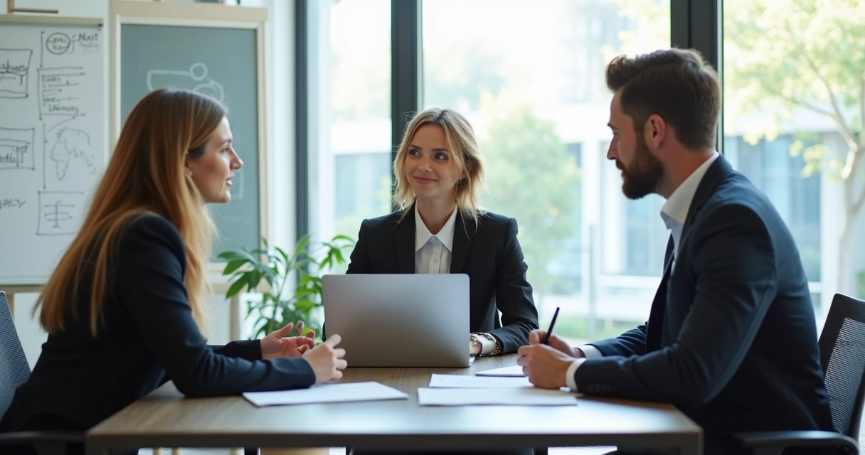 Small group of colleagues in a meeting, discussing feedback, attentive faces 