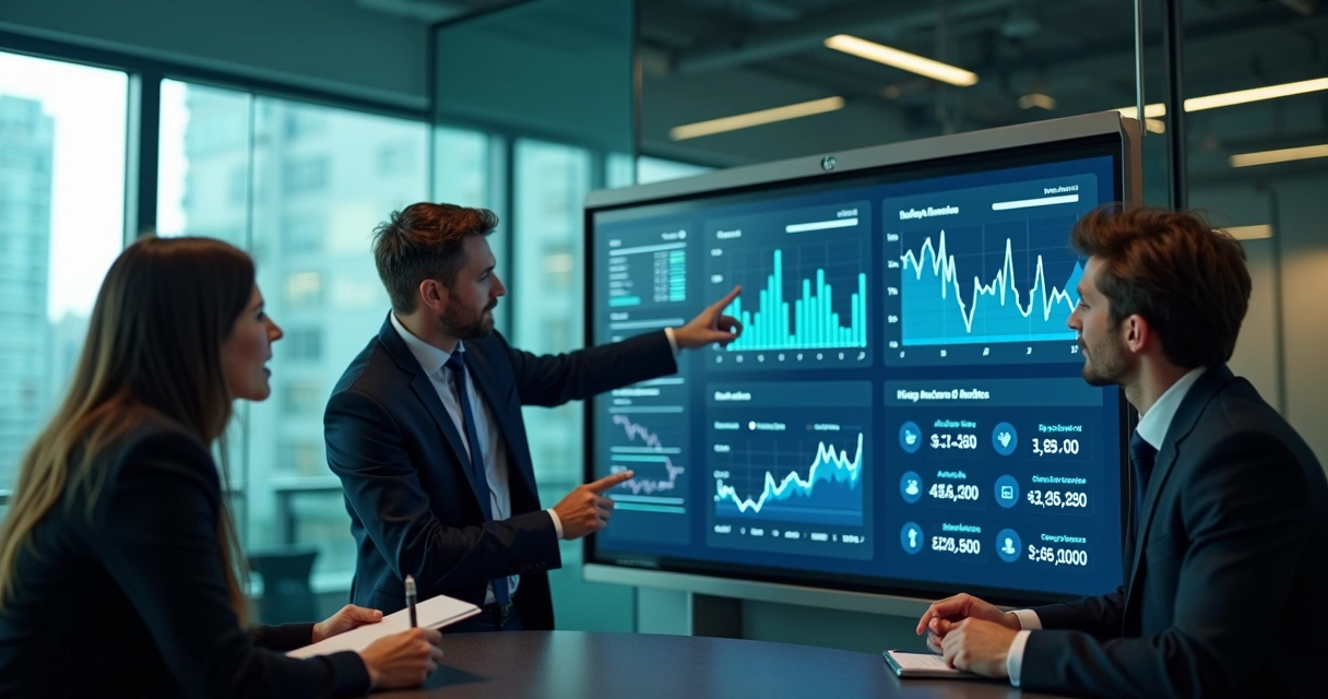 Business team and AI dashboard reviewing a hedge strategy together 