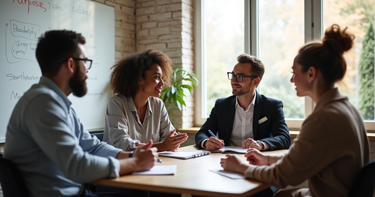Team discussing the meaning of work during a meeting 
