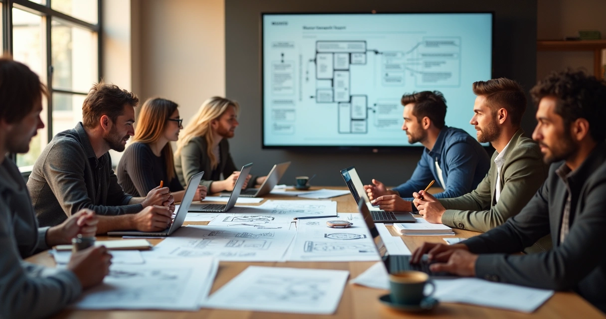 Team collaborating on MVP development with laptops, sketches, and digital wireframes on table 