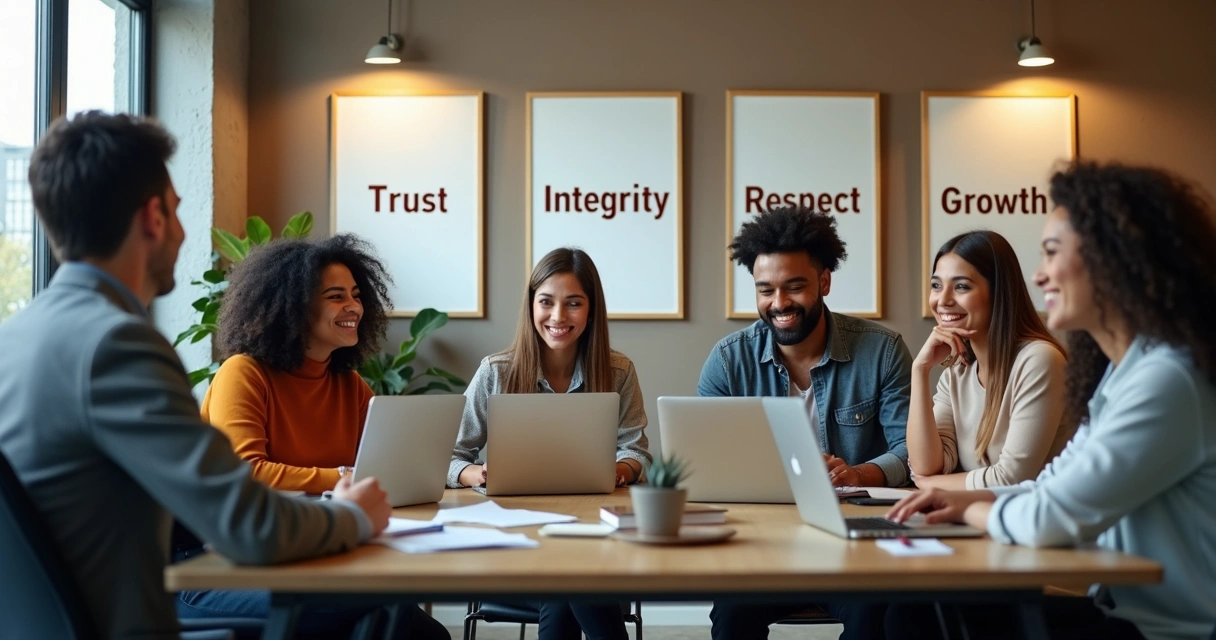 Team in discussion around a table with printed values on the wall behind them.