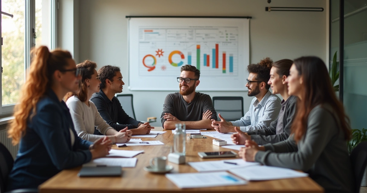 Team members in a meeting with one person expressing a different opinion 