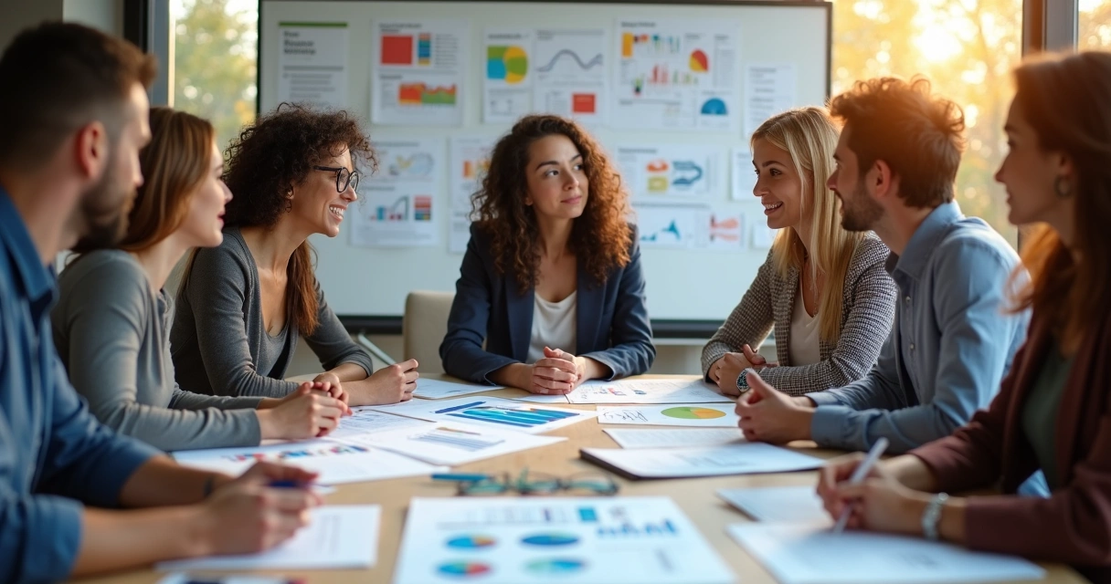 Project team having a discussion around a table with visible charts and documents 