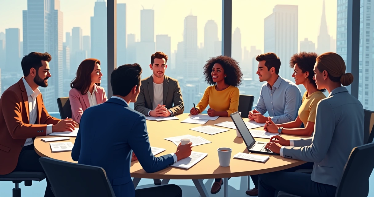 Diverse team discussing at round table in open office setting 