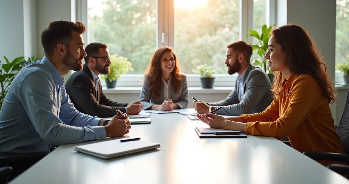 Business team having a mindful group discussion at a table 