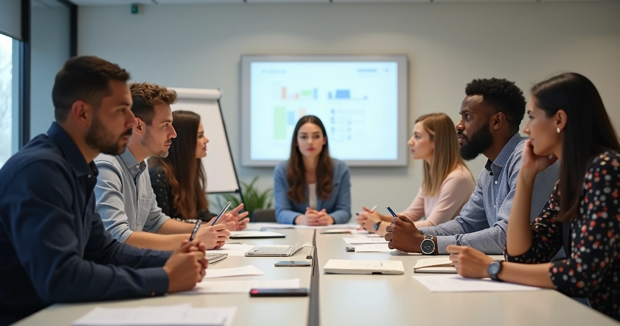 Team in discussion balancing emotions and logic 
