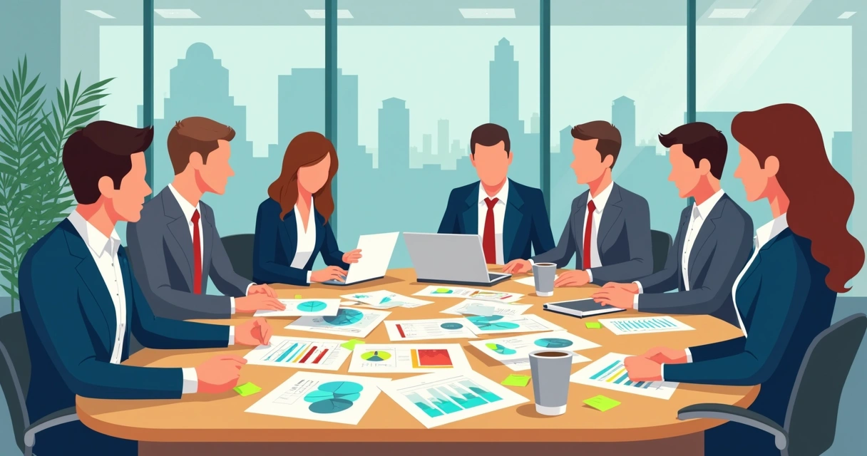 Business team reviewing benefit plan options around a table 