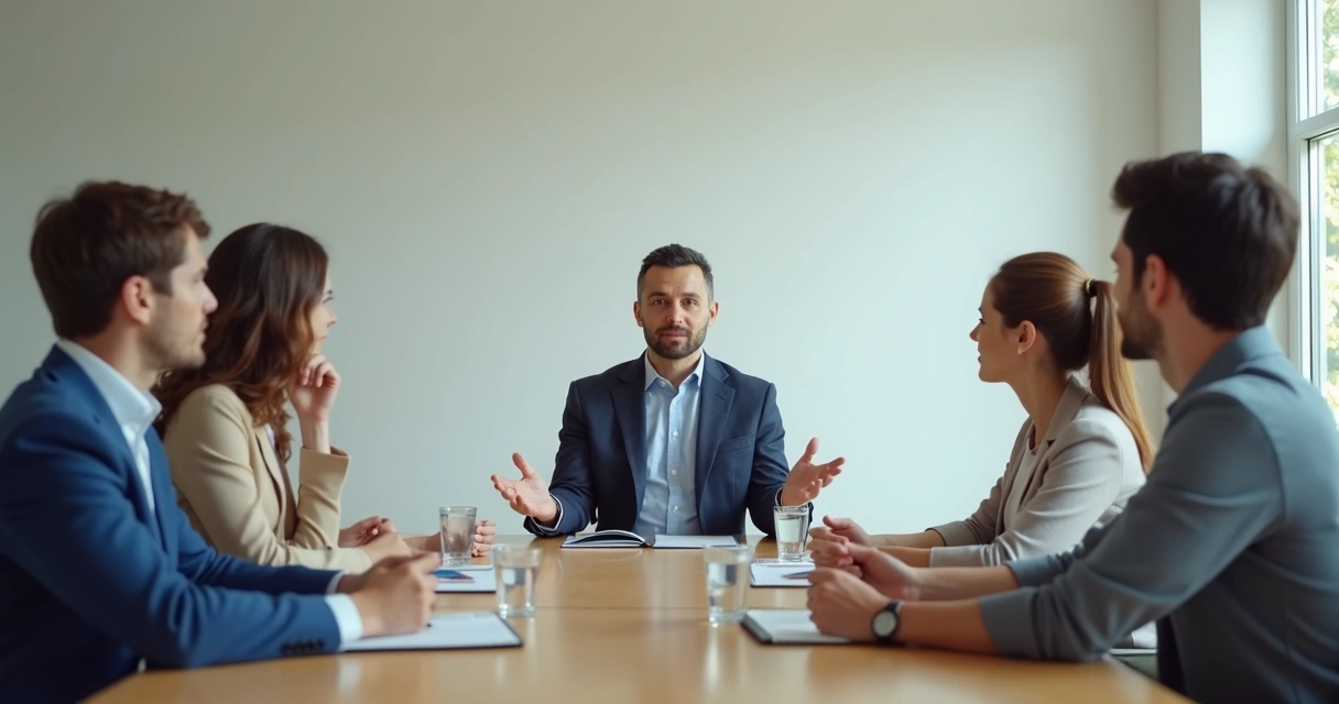 People in a meeting with one person calmly speaking while others listen 