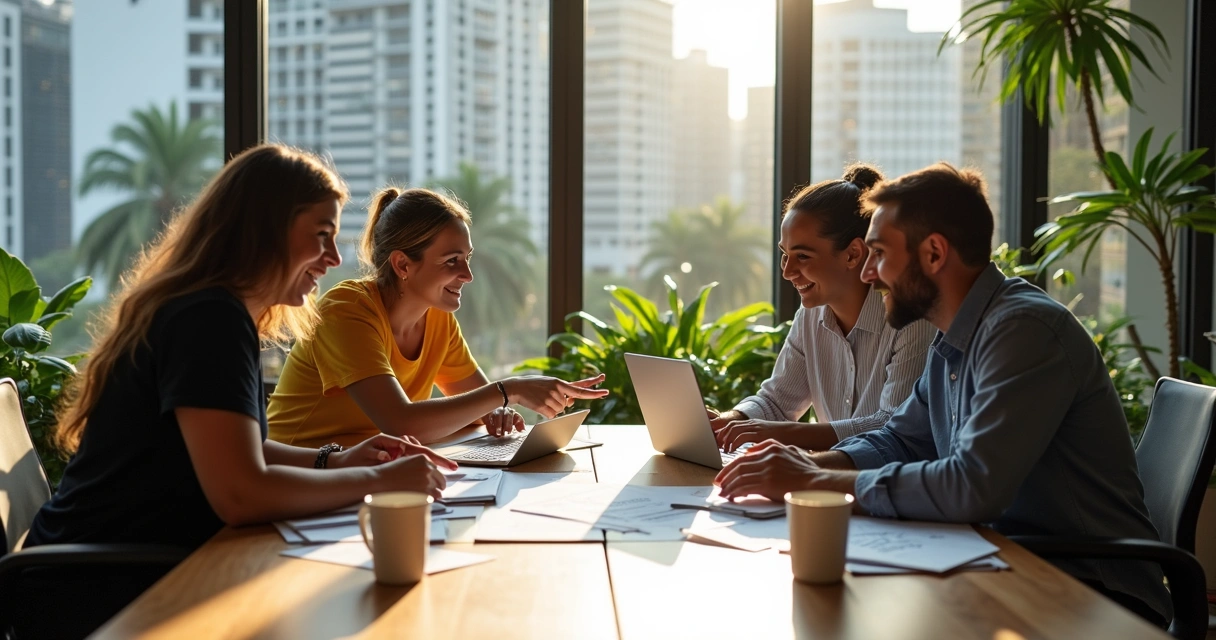 Small team discussing business paperwork in an office in Brazil 