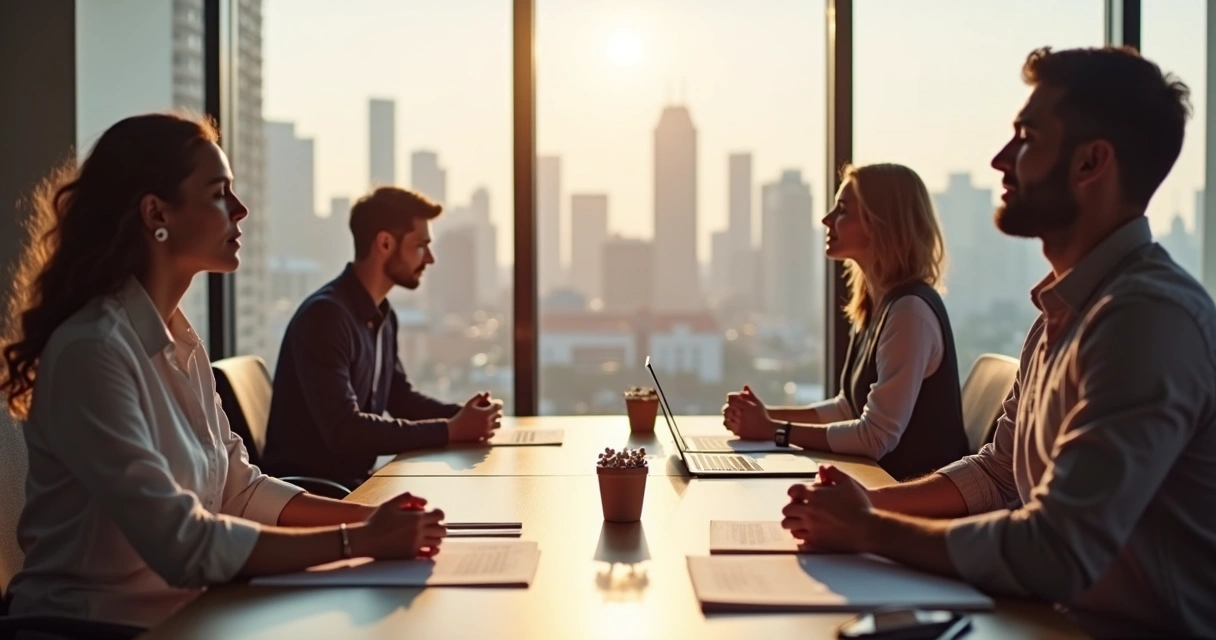 Team in a meeting room practicing a short group pause with closed eyes