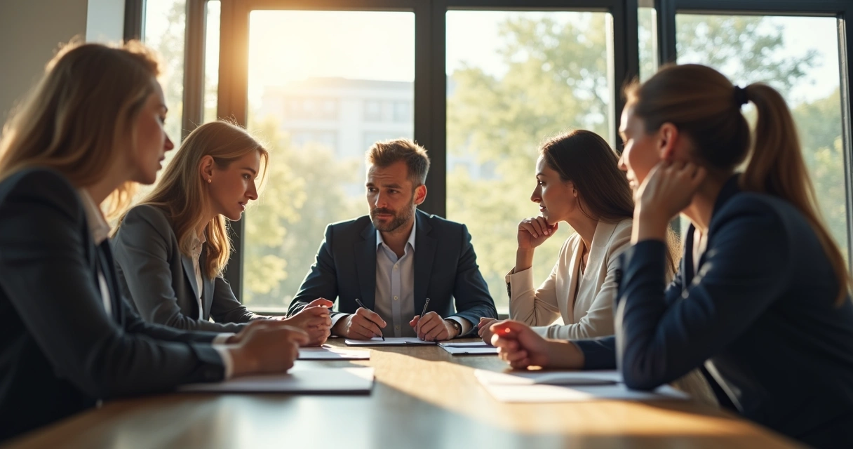 Team discussing around a table with leader guiding calmly