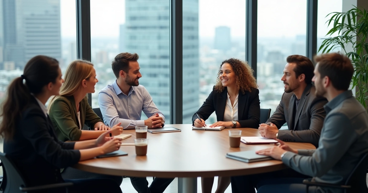 Team having a coaching discussion at a round table 