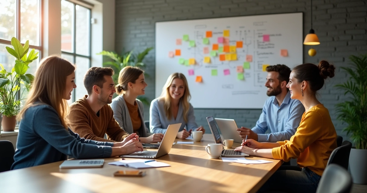 Professional team in a bright office discussing ideas around a table 