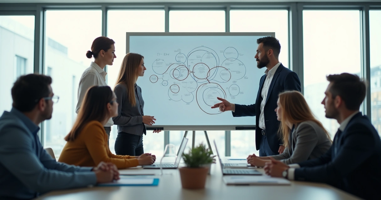 Colleagues in a thoughtful team discussion with layered diagrams on a whiteboard 