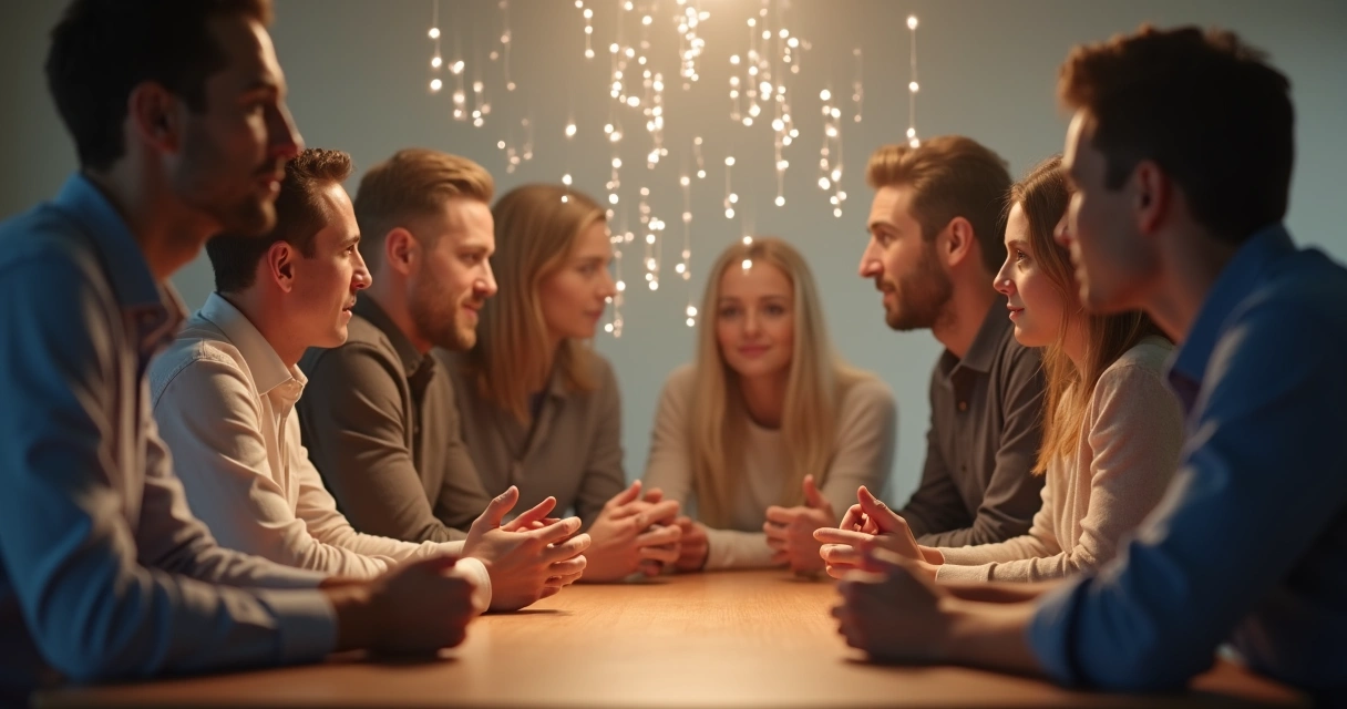 Team gathered in discussion, light representing shared consciousness.