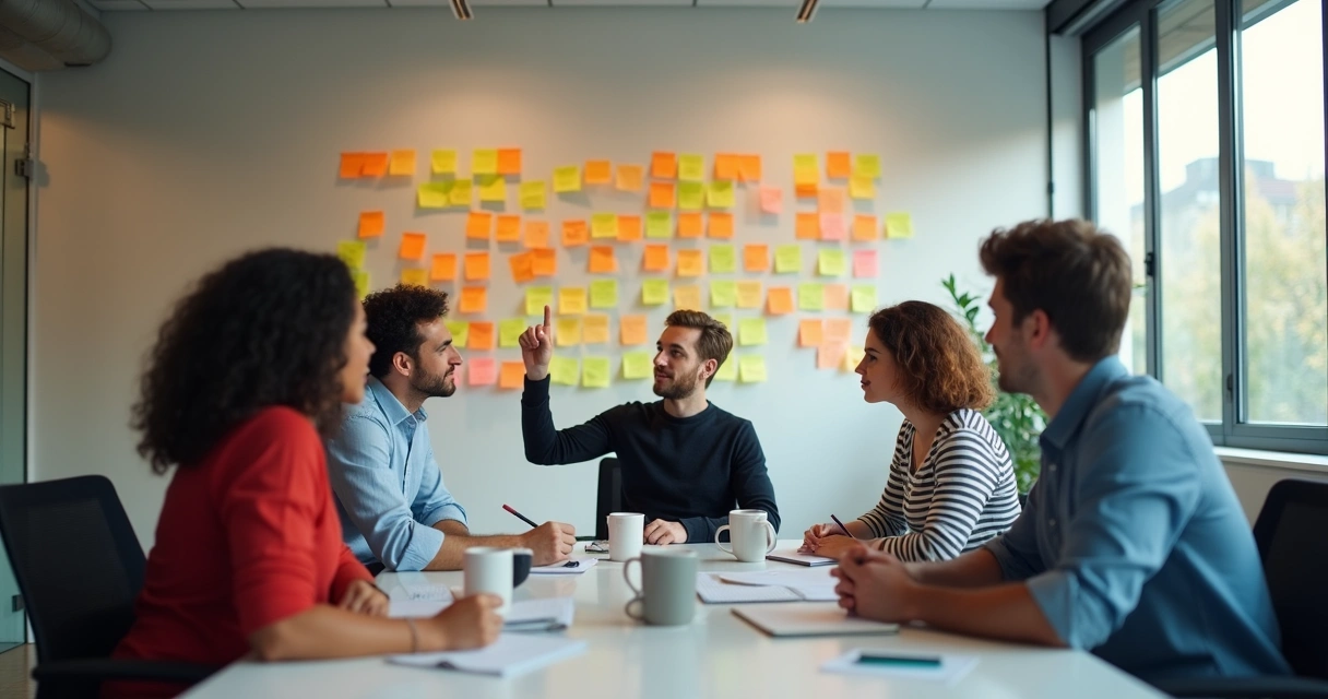 Team in a meeting discussing ideas with sticky notes on the wall 