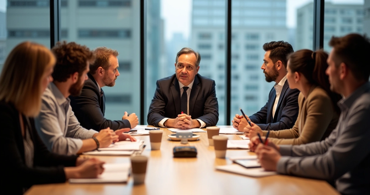 Diverse team members talking seriously at a table 