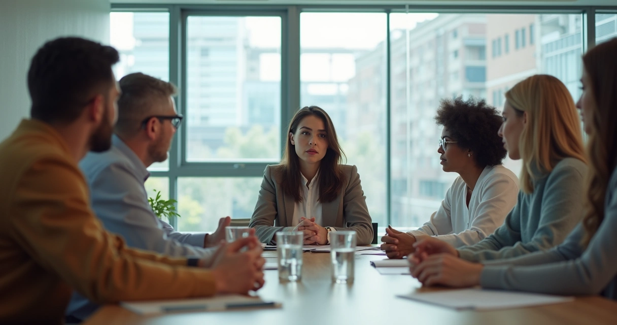 Team sitting around a table in deep discussion in an office setting 