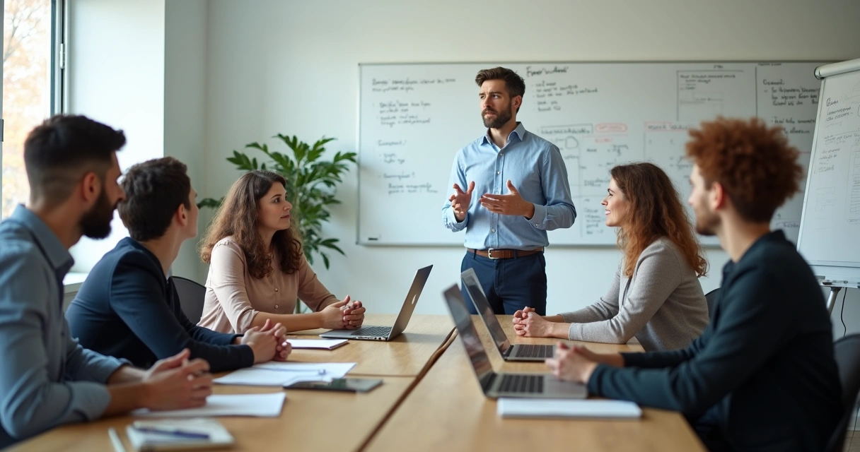 Team members seated around a table, one person speaking, others actively listening and making eye contact. 