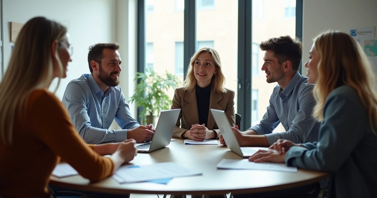 Team meeting with coworkers discussing a decision at a round table.