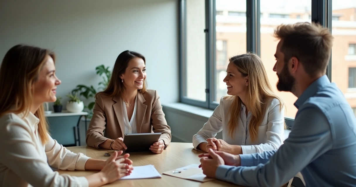 Employees having a discussion in a meeting room, focusing on each other and showing understanding 