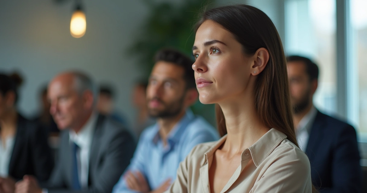 Diverse team in a meeting room, one person taking deep breaths before speaking, visible tension and calm expressions among coworkers 