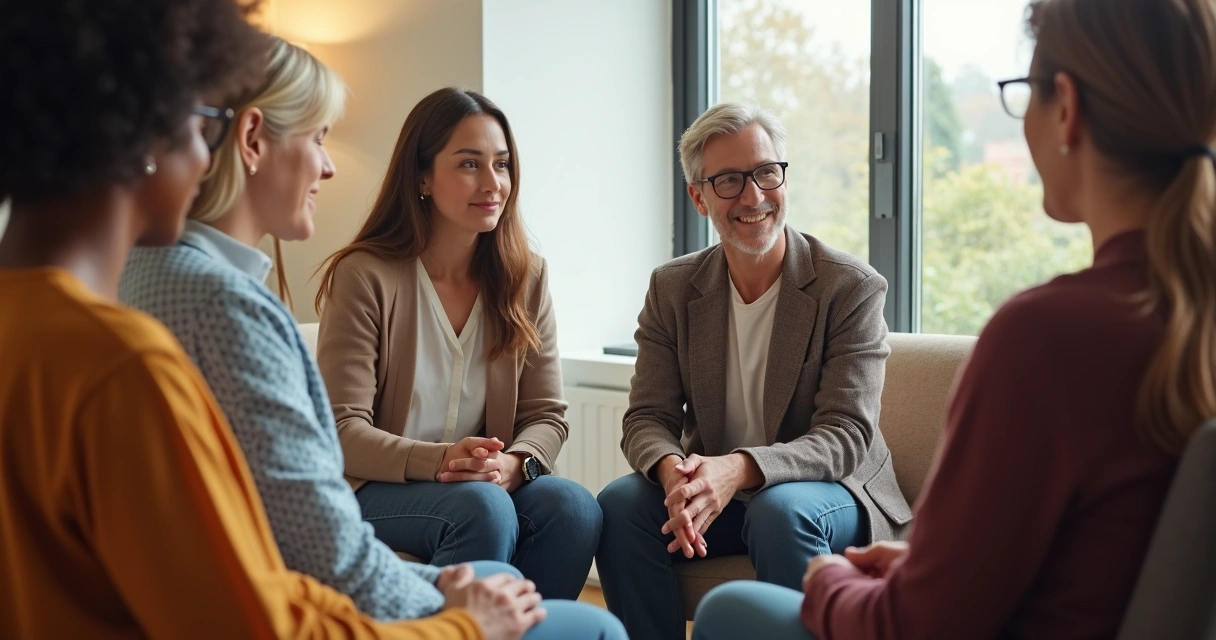 Team seated in a circle, having an open group conversation and expressing emotions.
