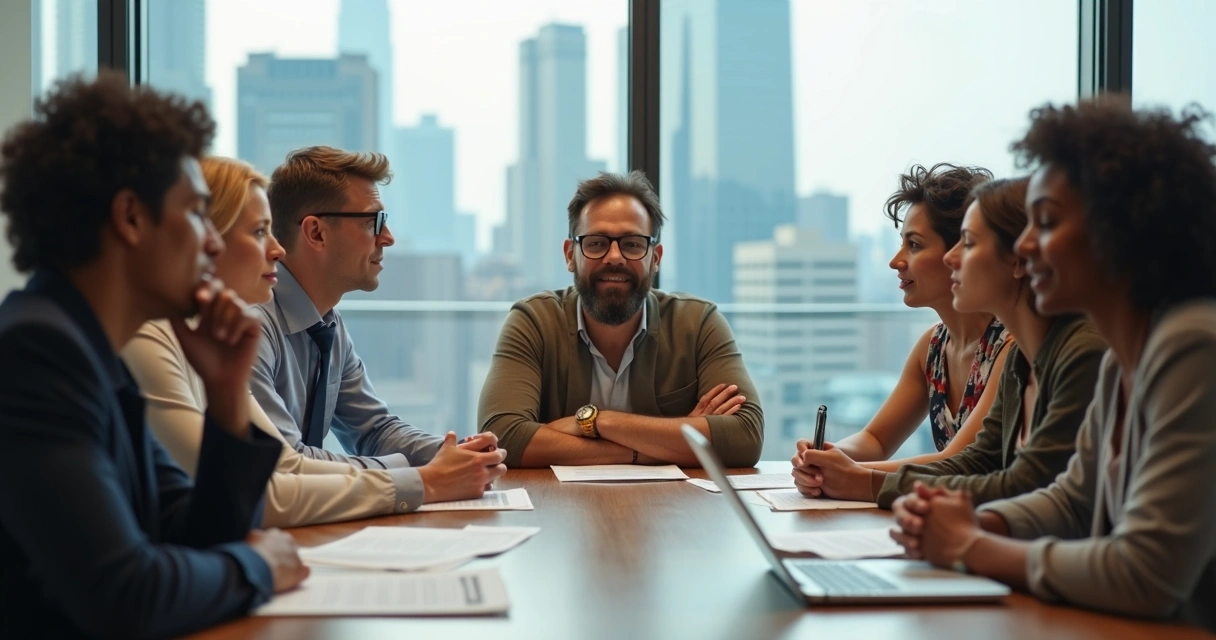 Team in a meeting discussing emotions with visible expressions 