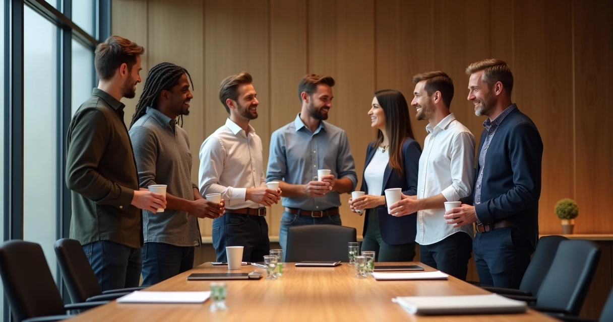 Colleagues standing and talking after a meeting with relaxed body language 
