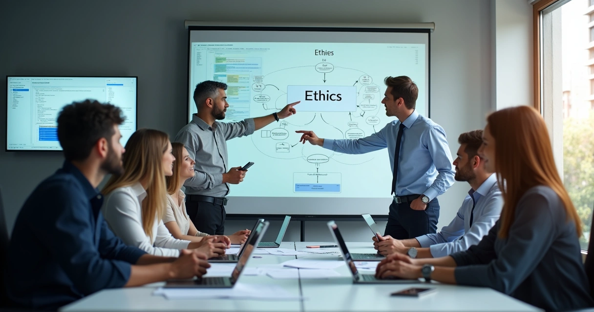 Business team discussing ethics in digital transformation around a table 