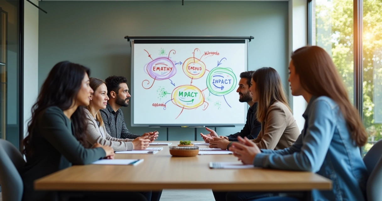 Team gathered around a table in bright room discussing ideas 