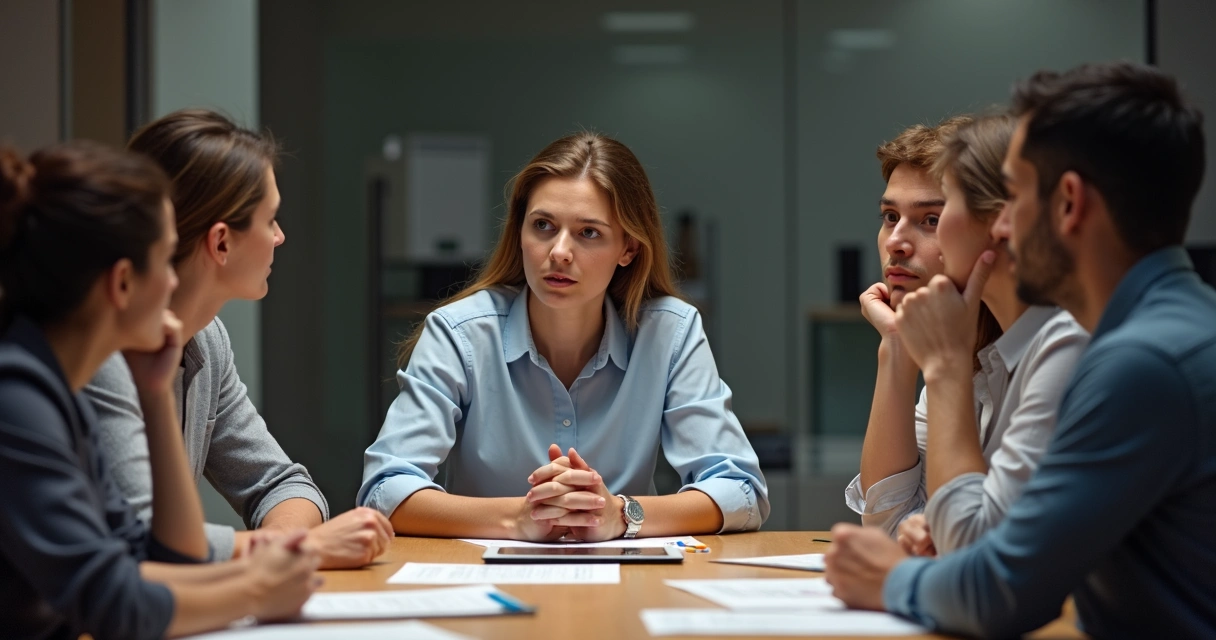 Team leader holding eye contact and open posture during difficult conversation with team