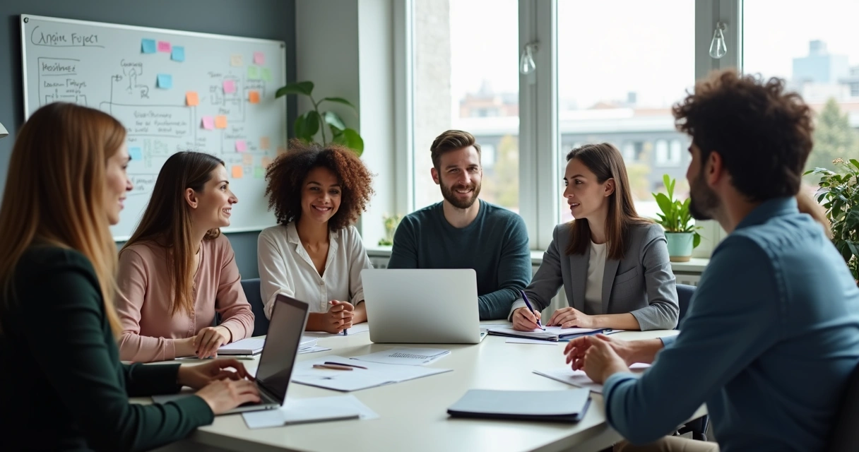 Diverse team discussing lessons learned in an office 