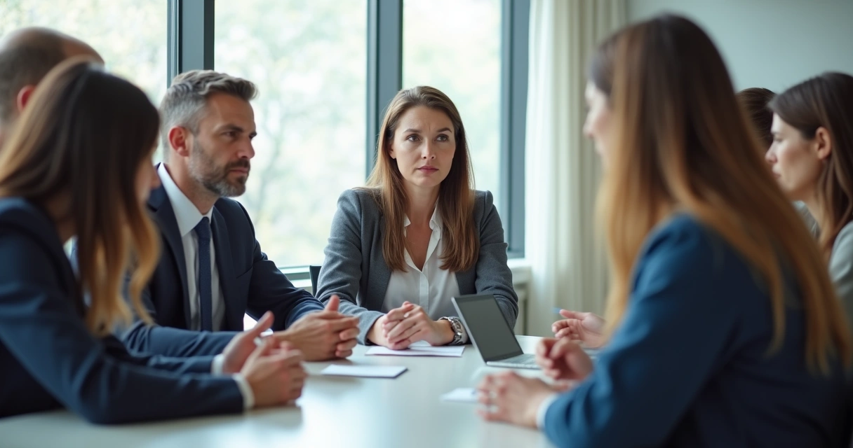 Team members in a feedback session, one leader listening with arms crossed, expressing discomfort 