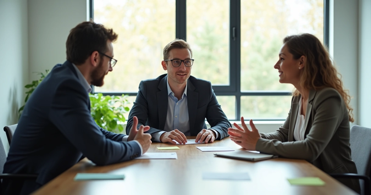 Small group discussing feedback with open body language in a bright meeting room.