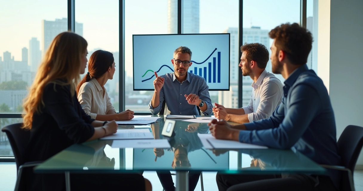 Team meeting in office discussing growth strategies 