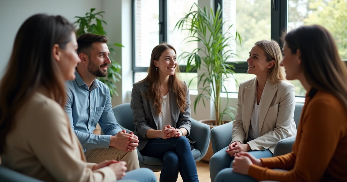 Business team sitting in a circle having a harmonious group discussion