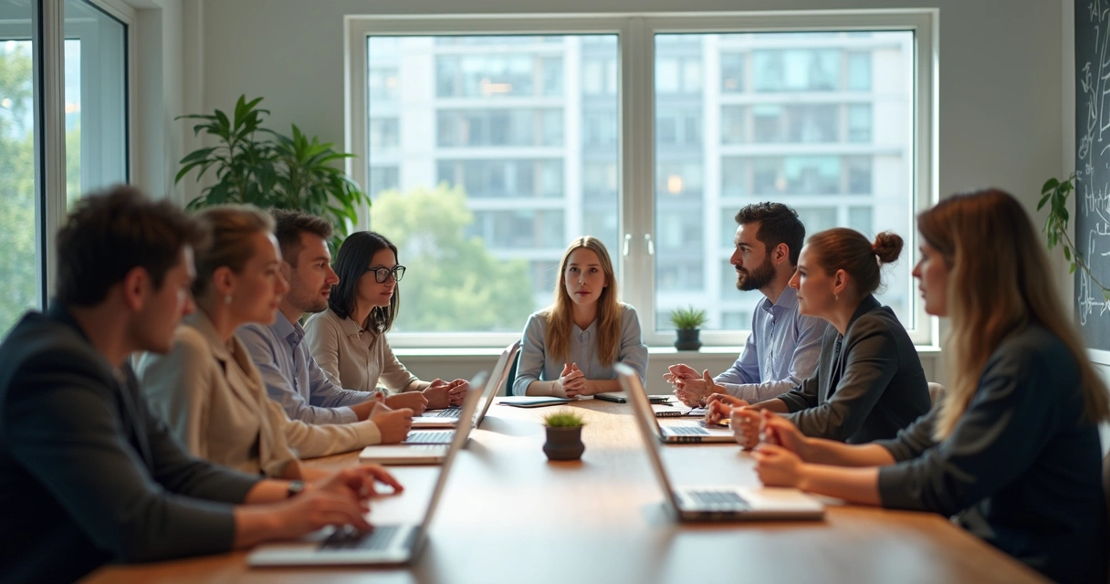 Coworkers in a meeting room, having a discussion with visible engagement 