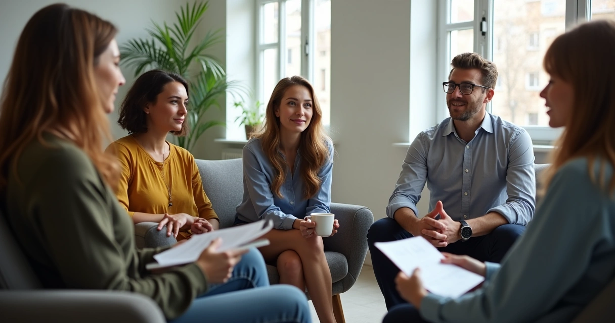 Team members having an open discussion, one person speaking while others listen thoughtfully