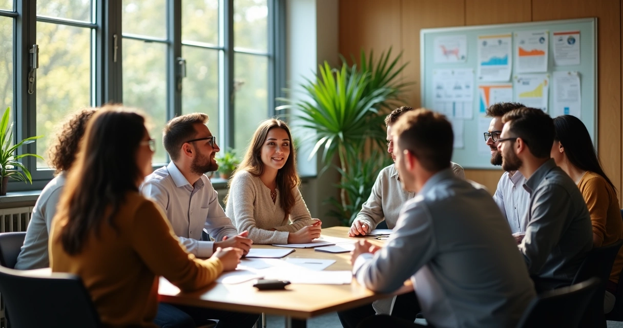Group of people in a team discussion with attentive body language 