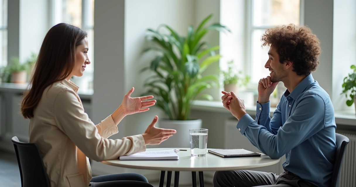 Two coworkers in a calm office conversation with one listening attentively 