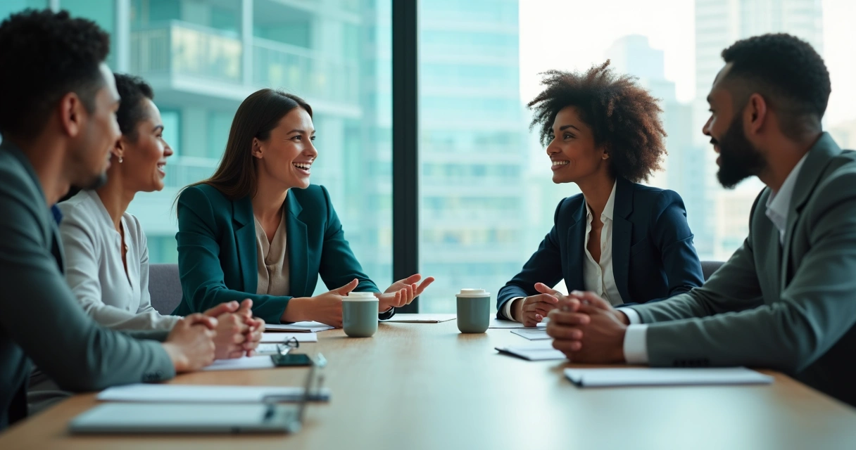 Colleagues gathered around a table discussing with attentive and calm expressions 