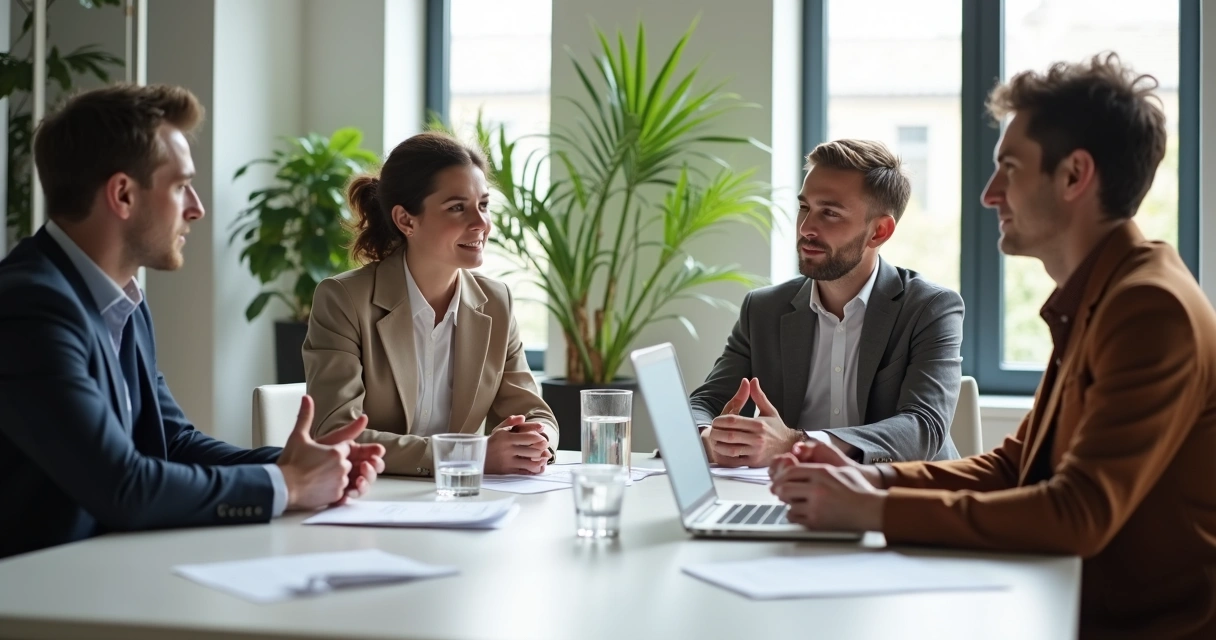 Diverse team in modern office engaged in focused discussion