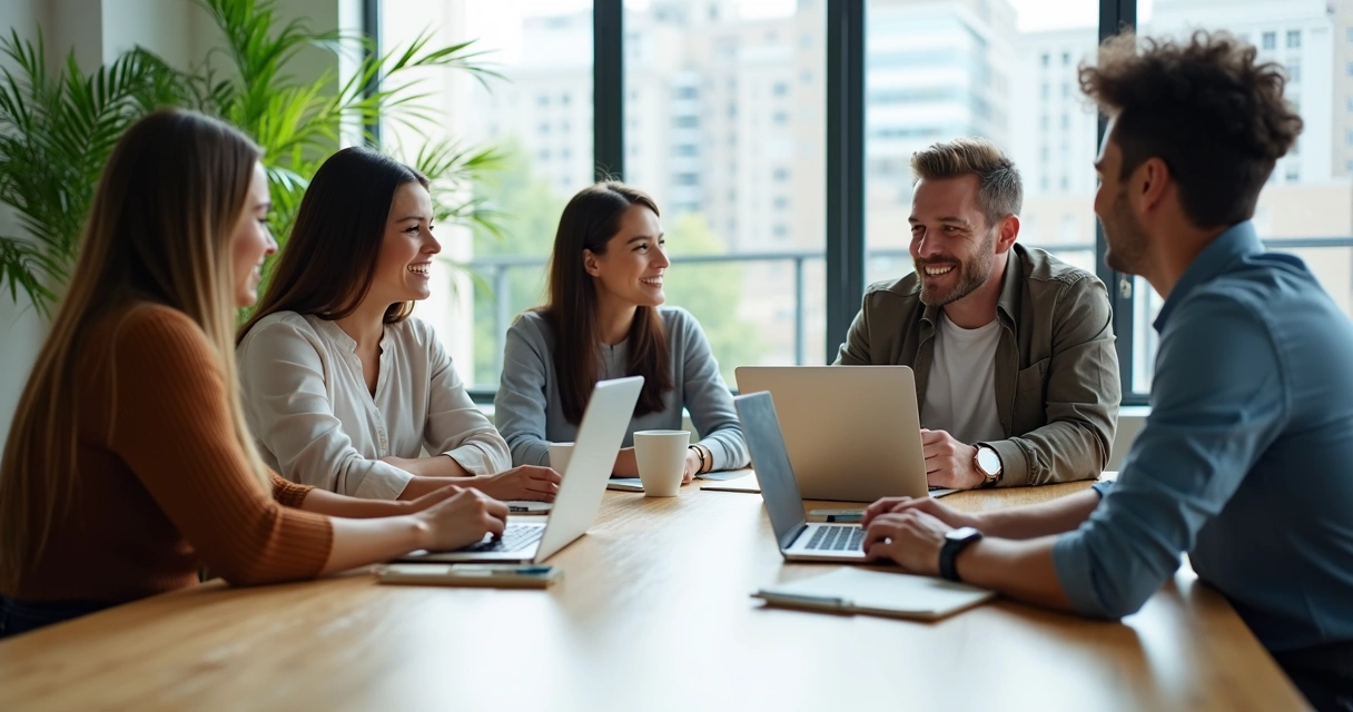 Diverse team engaged in discussion around a bright office table 