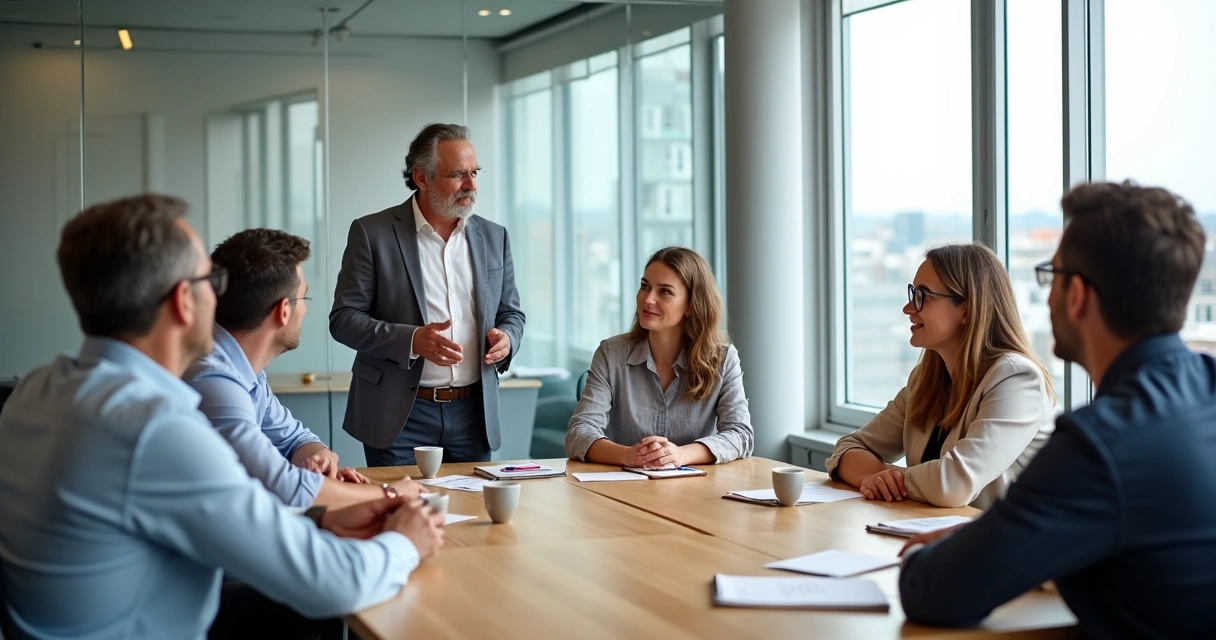 Colleagues talking together around a table in an office