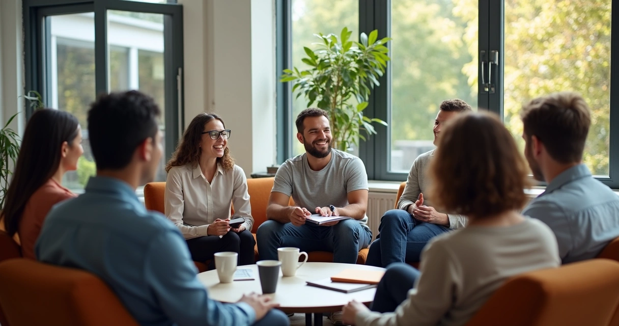 Team sitting in a circle having an open discussion 