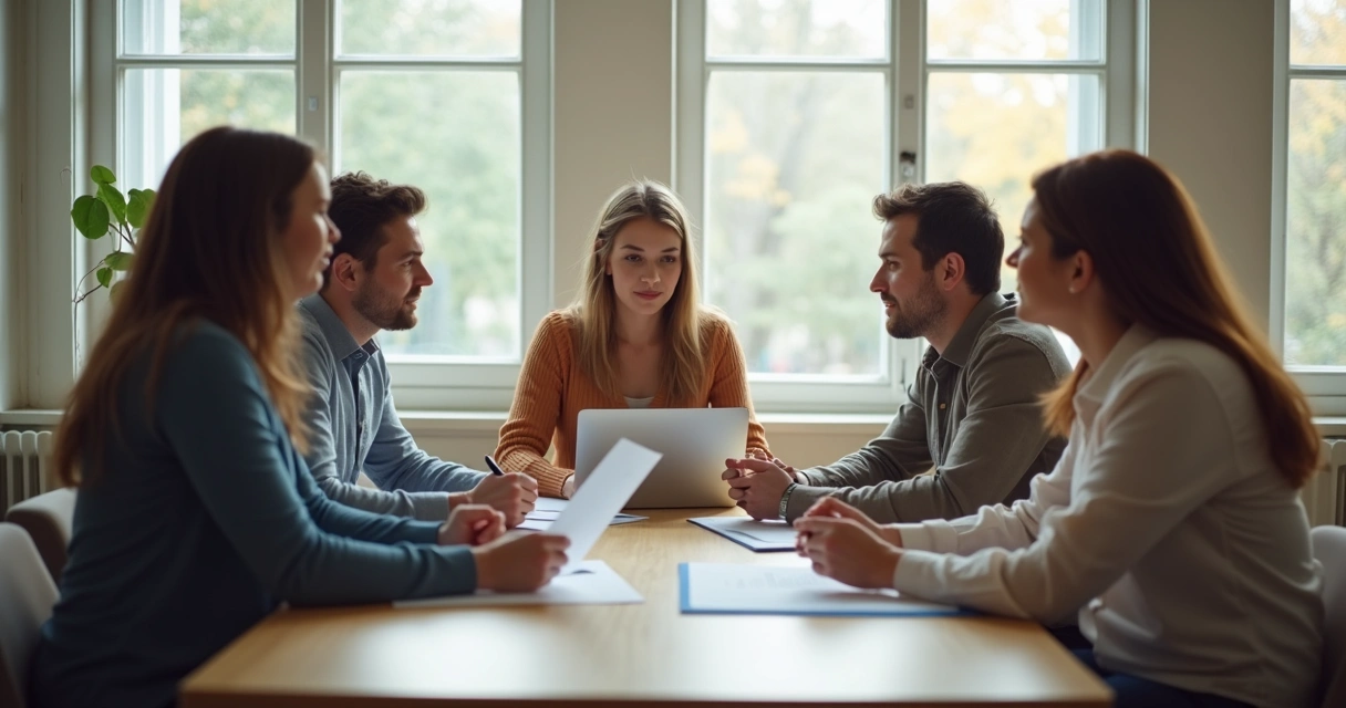 Small group in discussion around a table with natural light 